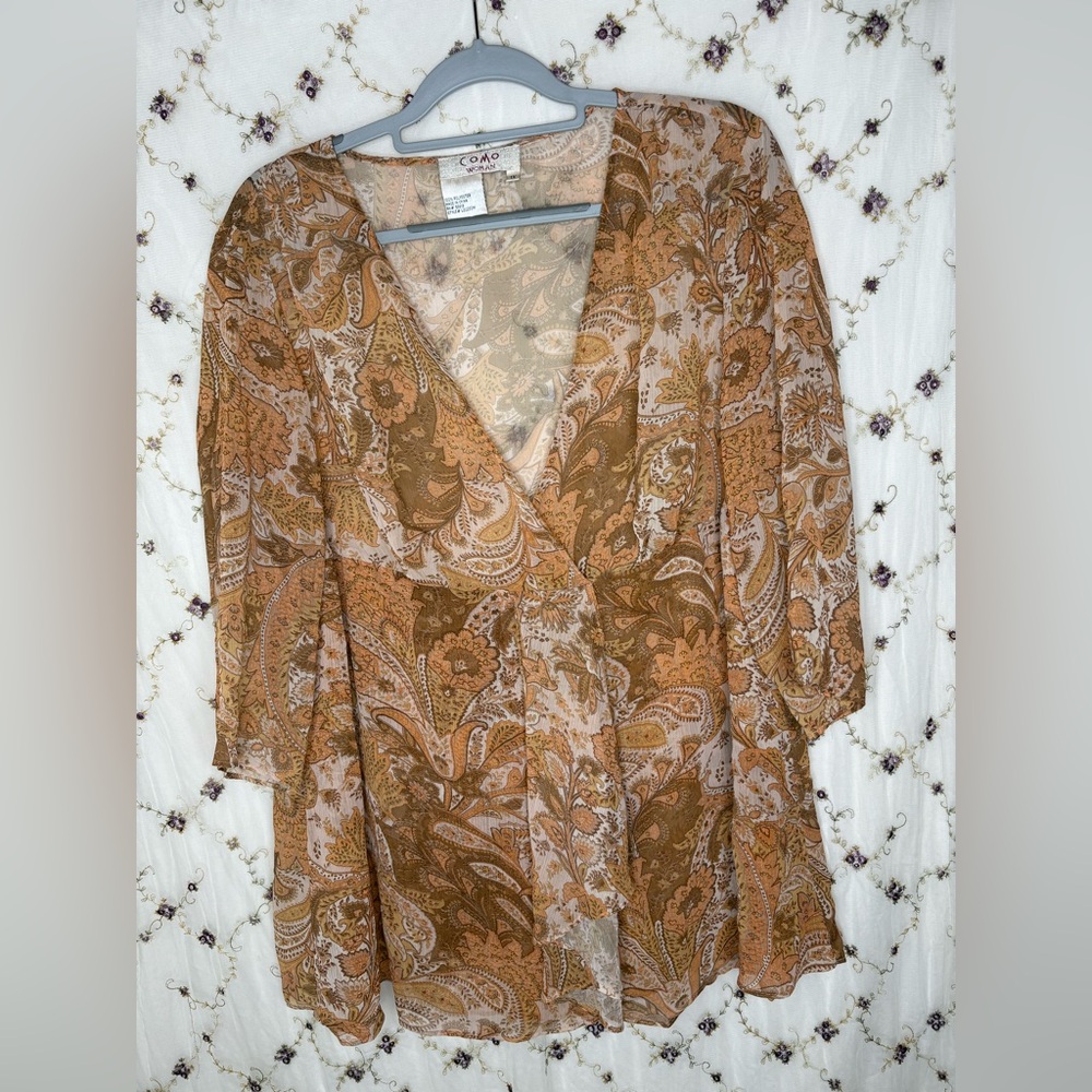 Como Vintage Women's Paisley Wrap Blouse - Brown and Cream